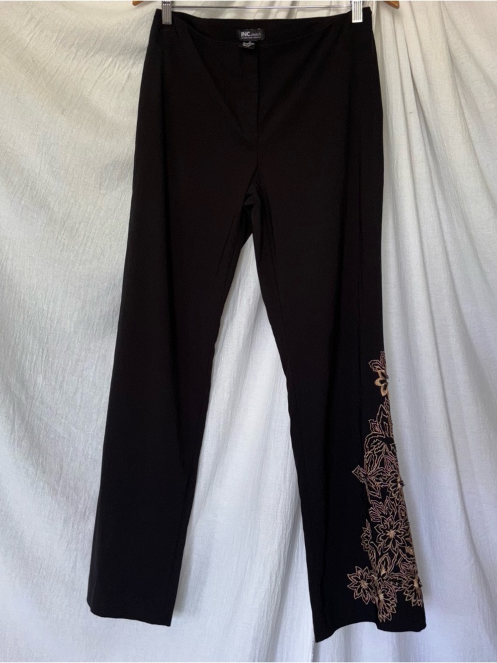 Vintage Inc International Concepts Black Flare Pant with Gold Floral Embroidered